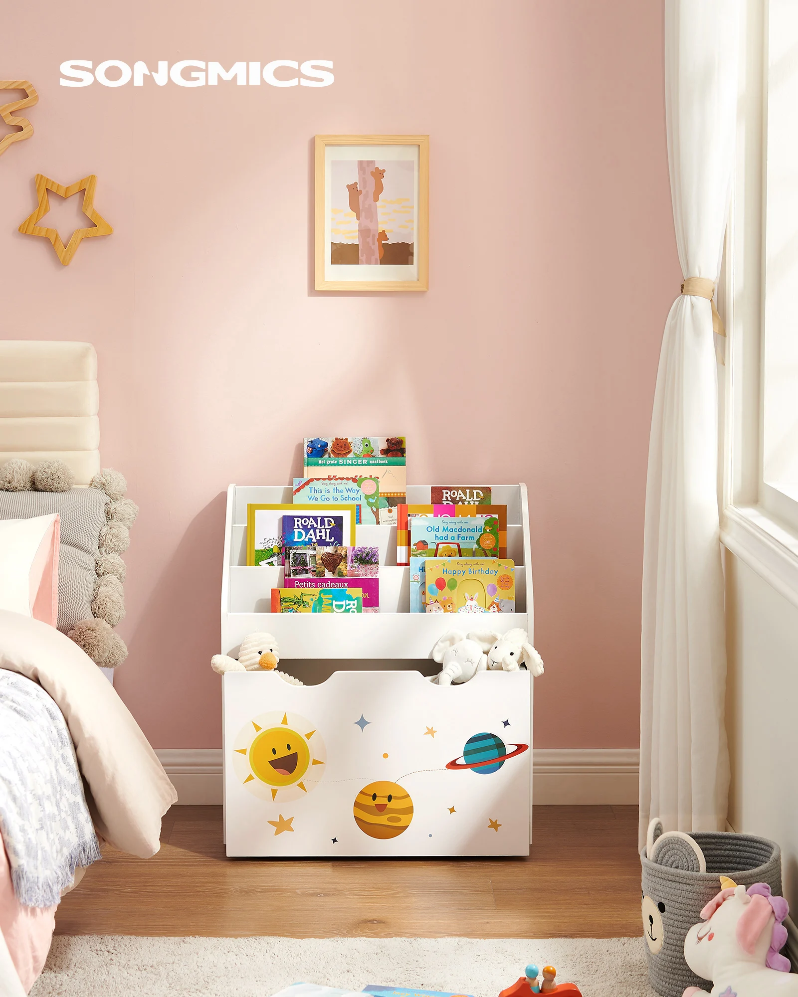 SONGMICS Étagère pour Jouets, 3 Compartiments Bibliothèque pour Enfants, Boîte à Jouets Mobile, avec roulettes, Multi-Usage, pour Chambre d'enfant et Salle de Jeux