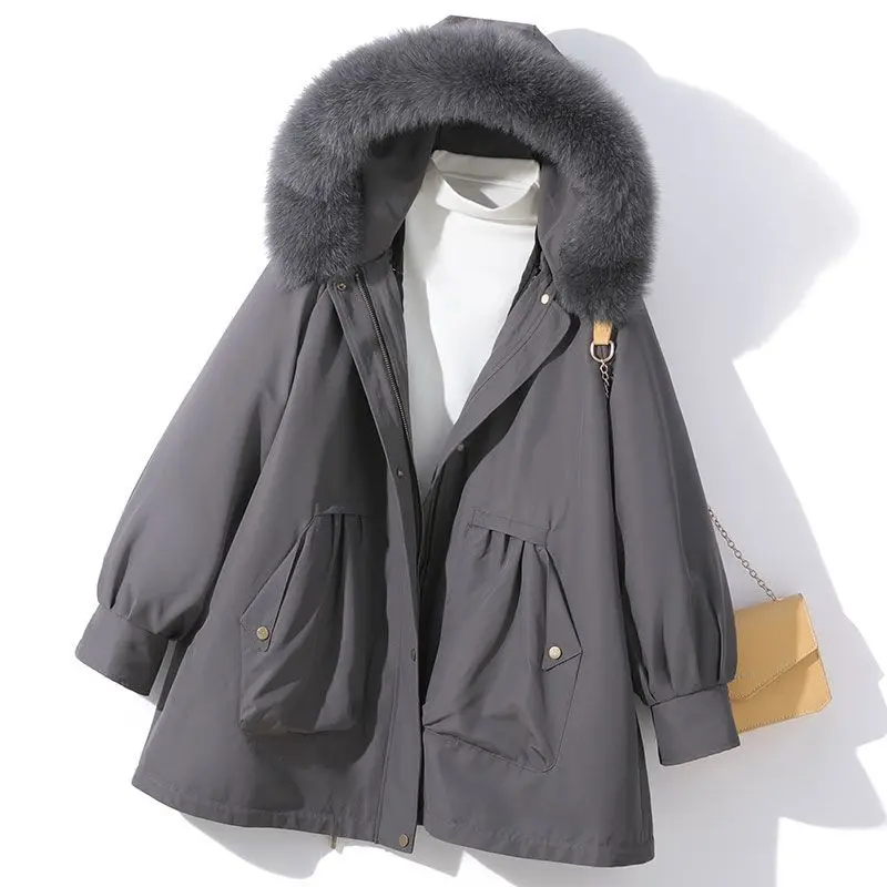 Autumn Winter Cotton Clothes Women Parkas Fashion Windproof Hood Warm Thick Fur Collar Detachable Inner Liner Cotton Coat Women