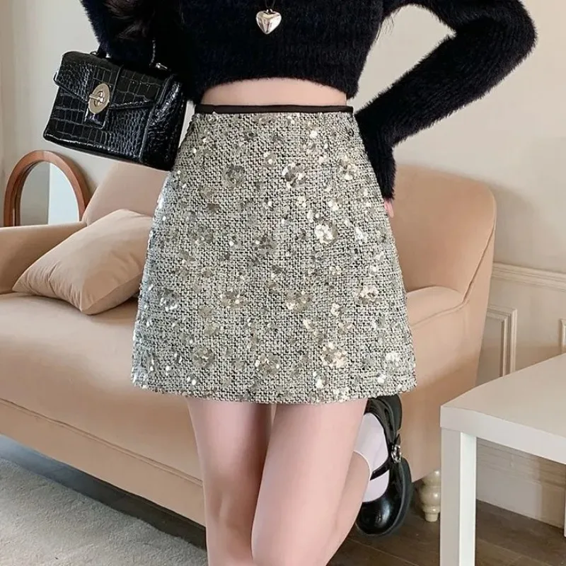 Women's Silver Sequin Tweed Mini Skirt High Waist A-Line Party