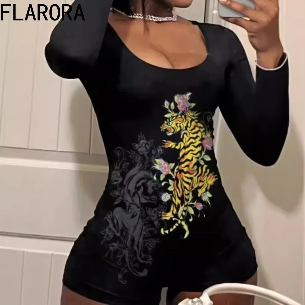 FLARORA Fashion Pattern Printing Bodycon Rompers Woman Black Sexy Long Sleeve Jumpsuits Y2k Streetwear female 2024 New Playsuits