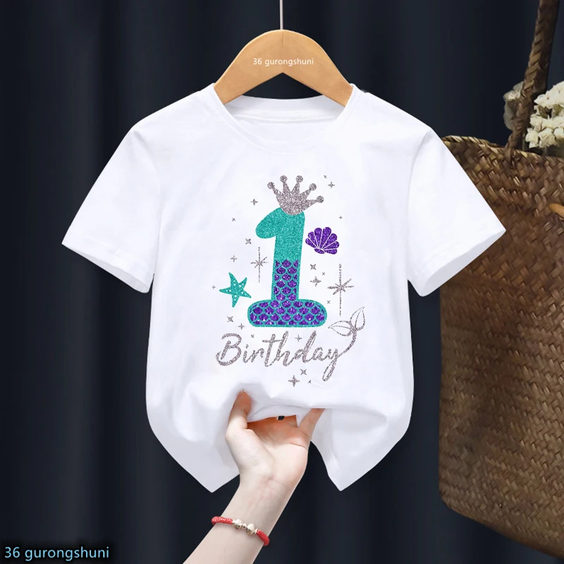 Golden Mermaid Princess Crown Print T Shirt For Girls 1th Birthday Gift Tshirt Kawaii Kids Clothes Summer Short Sleeve T-Shirt