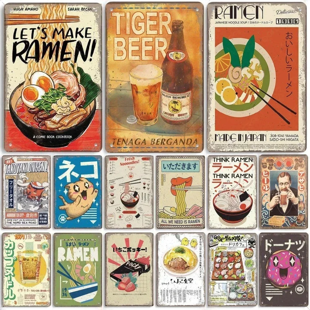Póster De Sushi De alimentos japoneses Vintage, placa De Metal, letrero De aluminio, placas De Metal De cerveza Ramen para cocina, hogar, hombre, cueva, Bar, pared