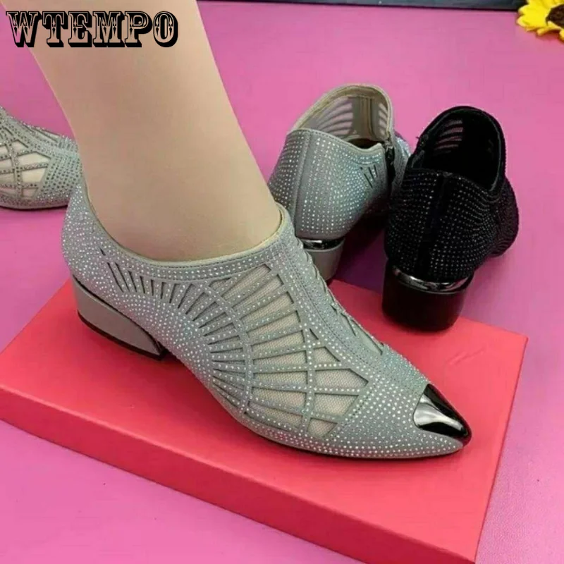 Soft Leather Mesh Sandals Hollow Water Diamond Pointed Toe Shallow Mouth Slip-on Low Heeled Women Boots Commuting Spring Autumn