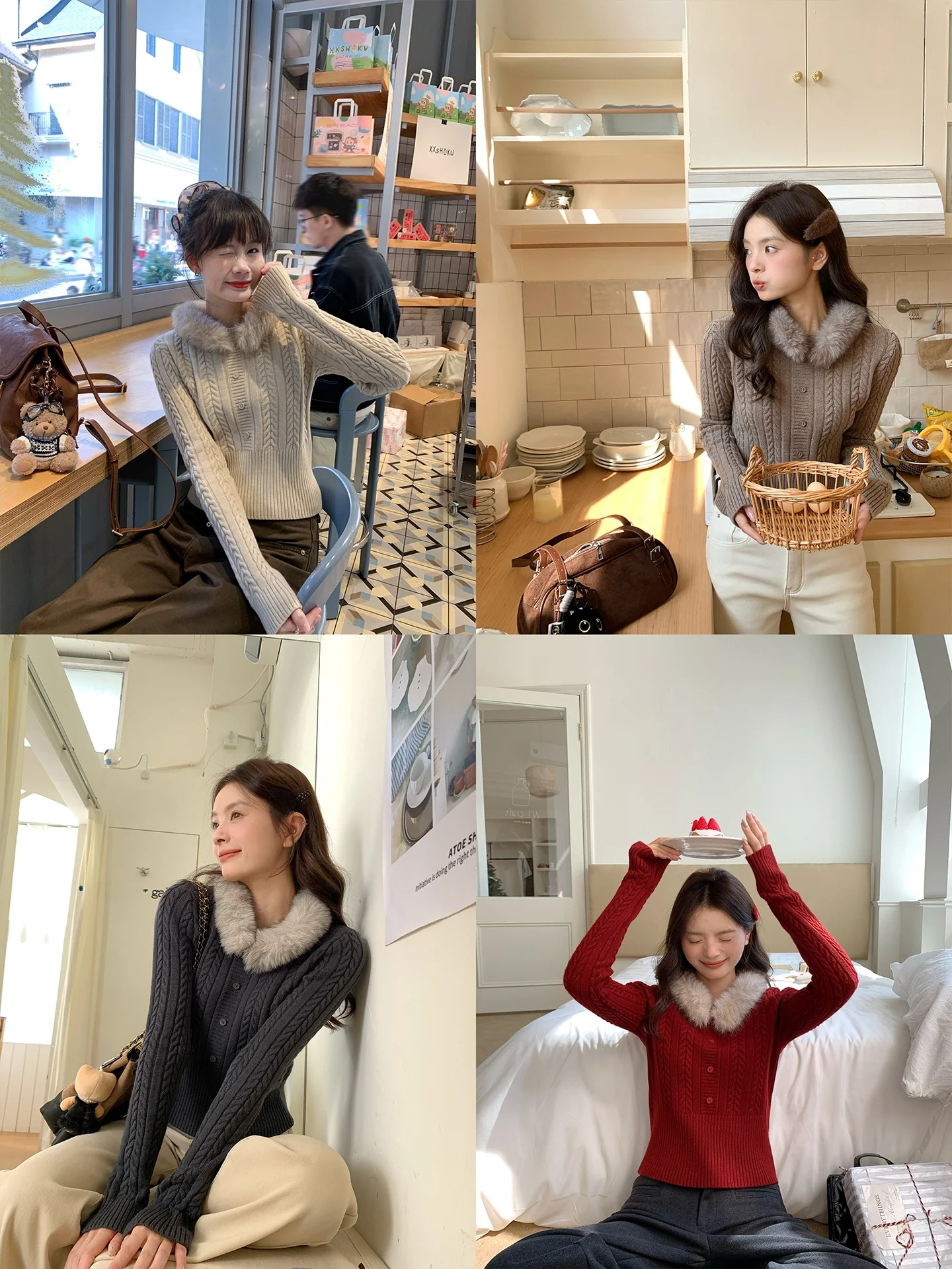 

FAN Women's Knitted Sweater ort Sle Detachable Fur Collar Slim Fit Korean Sle Winter New Arrival Casual Long Sve Top