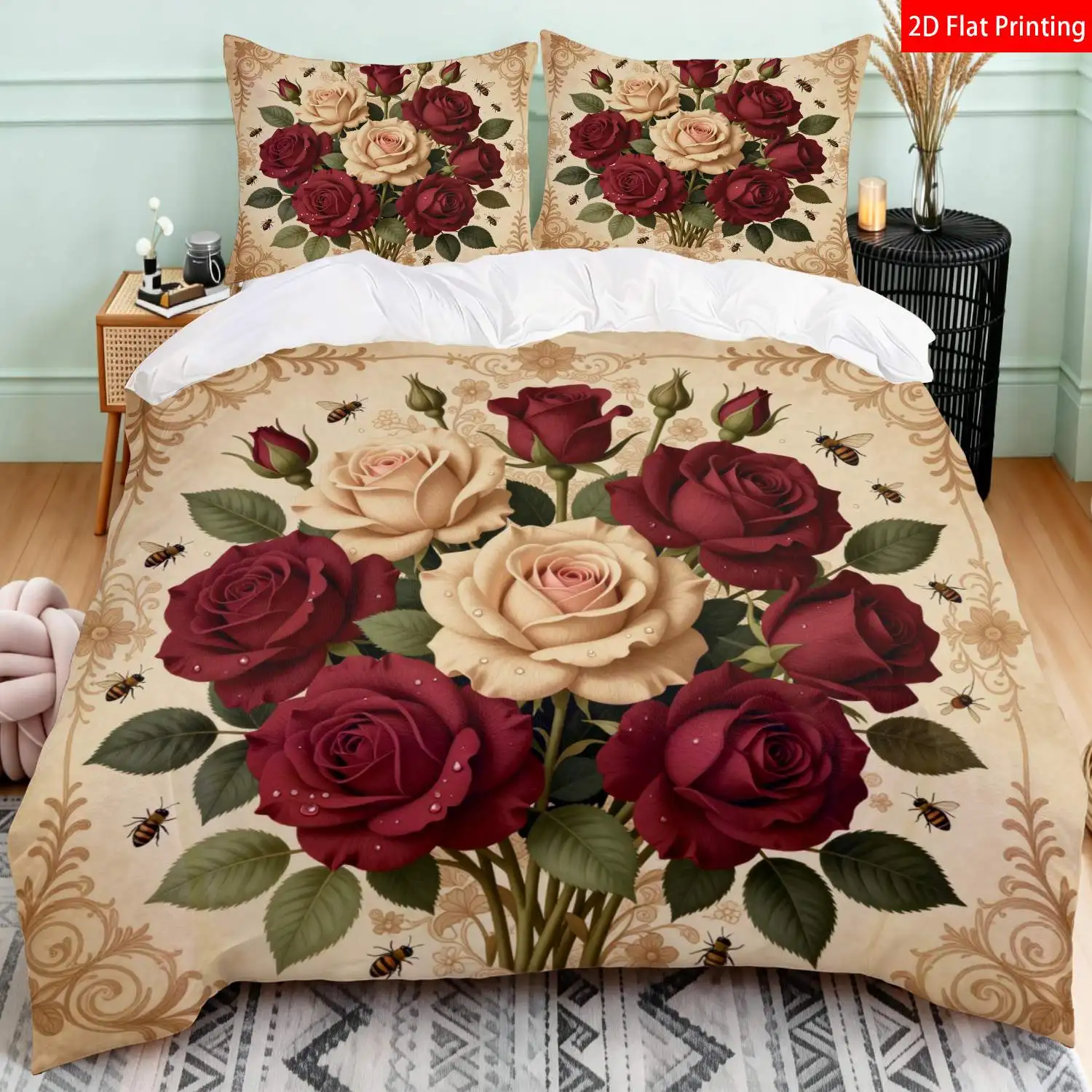 Rose Duvet Cover Blossom Flowers Comforter Cover Romantic Floral Banquet Leaves Botanical Bedding Set Twin Queen For Girls Teens
