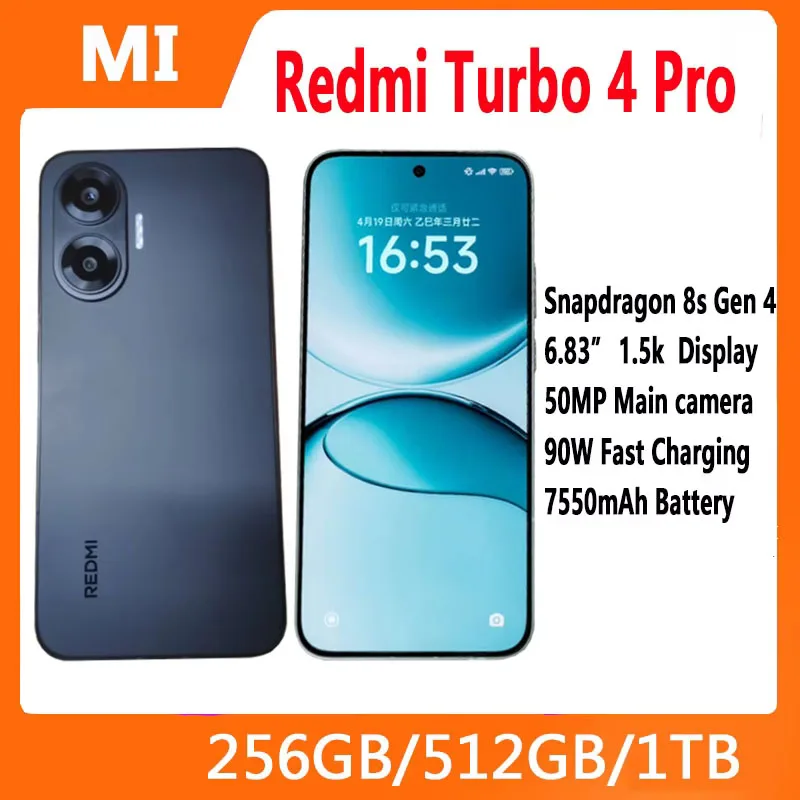 هاتف Redmi Turbo 4 Pro الذكي بشاشة 6.83 بوصة 2772 × 1280 سنابدراجون 8s Gen 4 50MP + 20MP كاميرا 90 وات بطارية 7550 مللي أمبير في الساعة