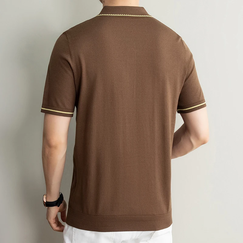 Men's Summer New T-Shirt 100% Lyocell POLO Neck Color Blocking Knitted Pullover Casual Short-sleeved Cool Comfortable Tops Tees