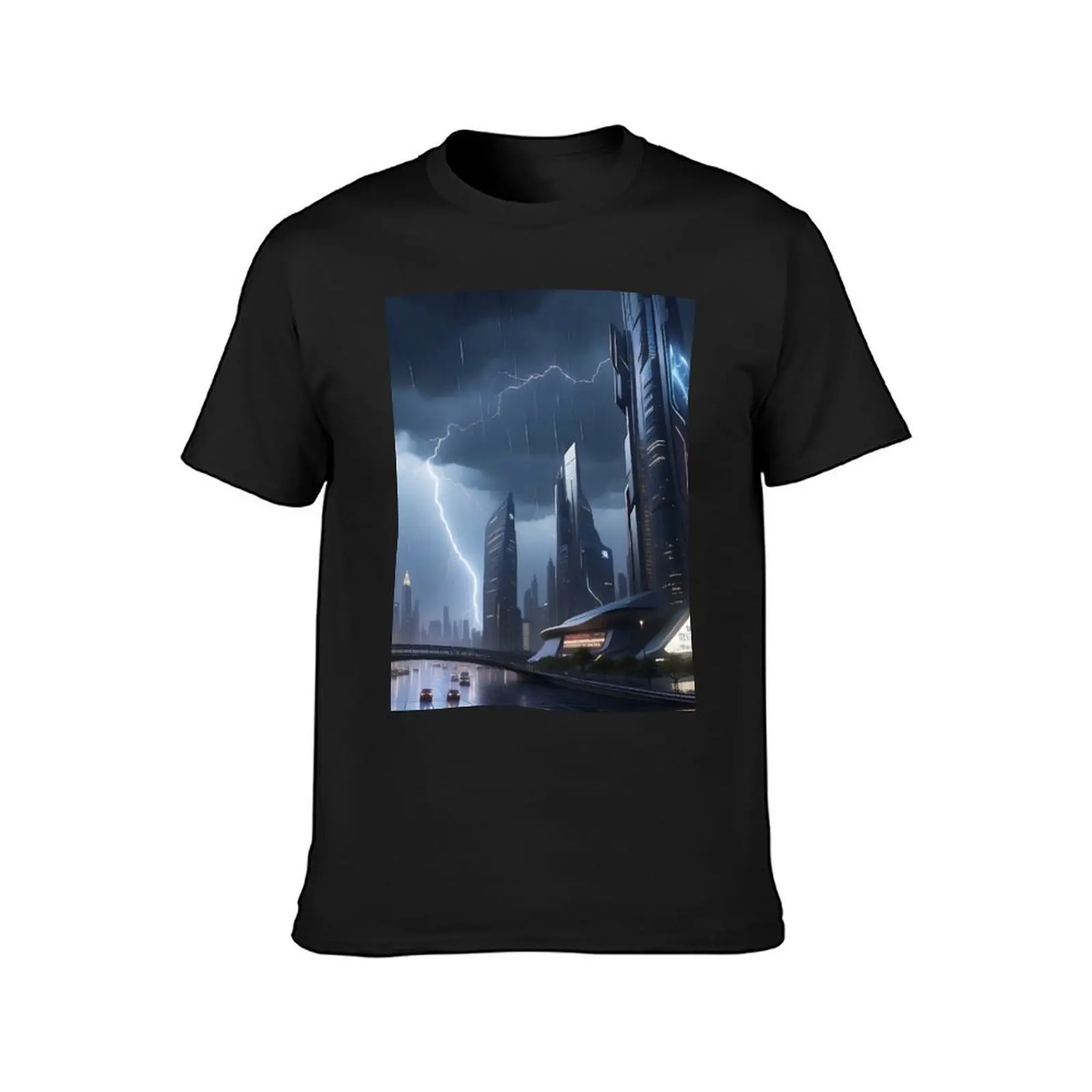 Futuristic cityscape, stormy weather, illuminated skyscrapers, ominous atmosphere. T-Shirt blanks men t shirt