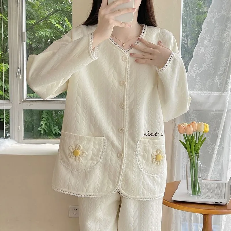 2023 New Sleepwear Women's Autumn and Winter Loungewear Three Layer Interlayer Sleepwear Thickened Warm Air Cotton Homewear Set