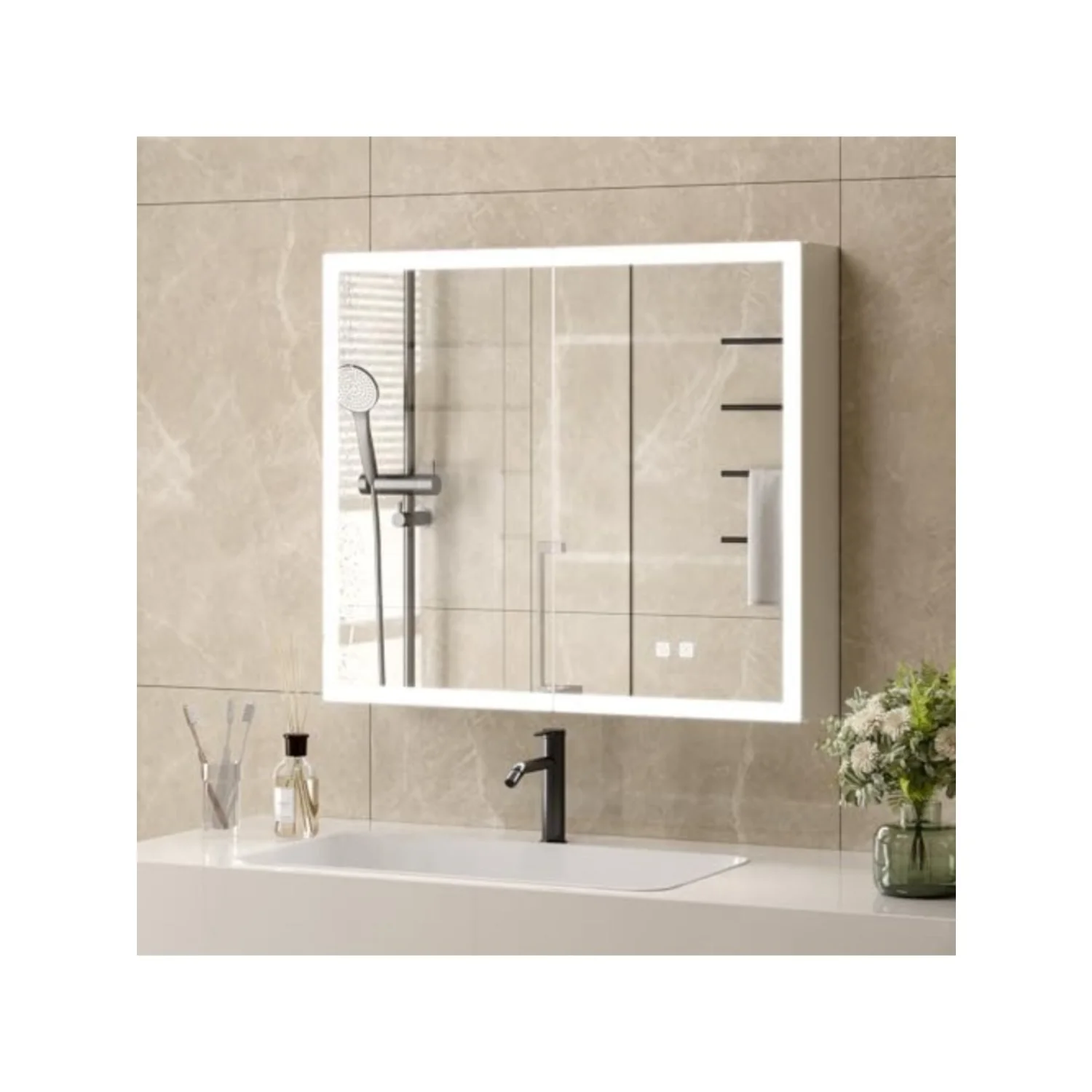 Lighted Medicine Cabinet with Mirror Bathroom Mirror Medicine Cabinet Wall Mounted with Storage LED Lights Charging