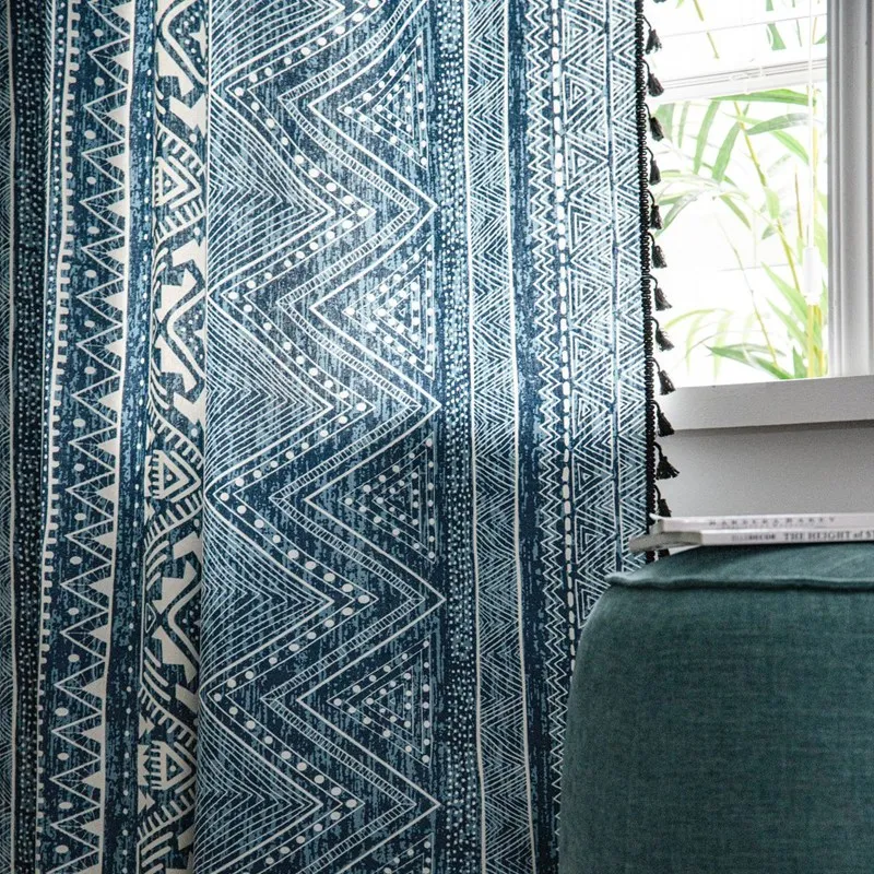 Boho Blue Geometry Cotton Linen Curtain Black Tassel Curtains for Living Room Bedroom American Style Vintage Drape Valance