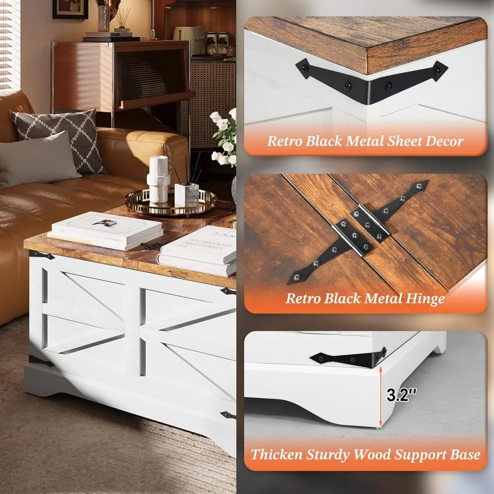 Farmhouse Coffee Table, Coffee Table with Hidden Storage Space, Wood Center Table with Two Hinged Lift Top, Square Rustic Table