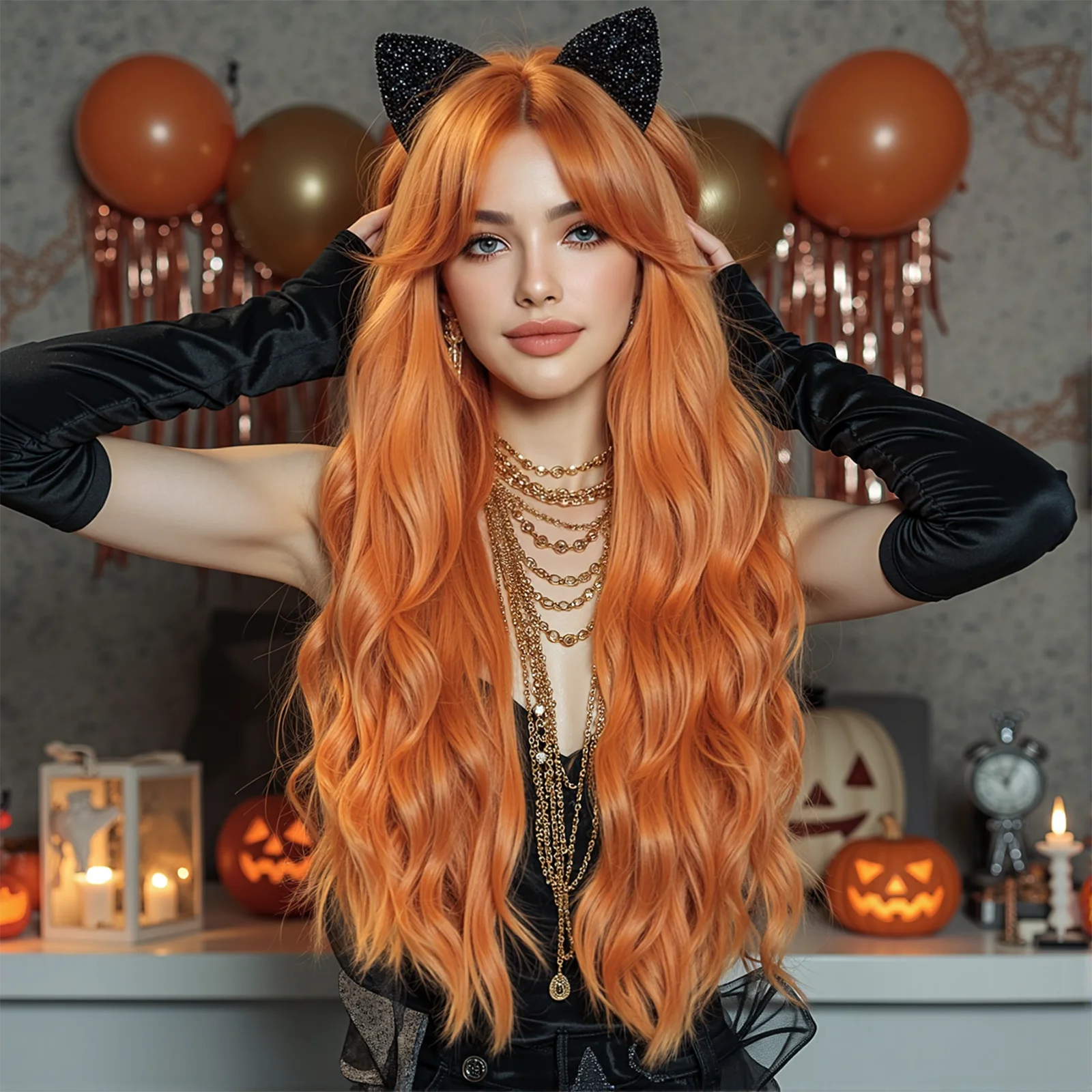 

Хэллоуин Длинные Волнистые Оранжевые Синтетические Парики для Женщин Волнистые Парики С Средней Частью Челкой Косплей Парики Для Вечеринки Использование Термостойкие