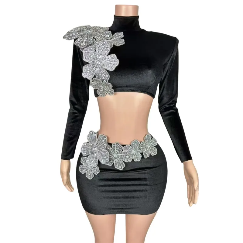 Fashion Crystal Flowers Crops Tops Velvet Mini Skirt 2 Pieces Set Singer Sexy Stage Wear Women Birthday Celebrate Outfit Costume