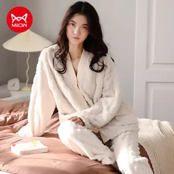 MiiOW Winter Women's Pajamas Set Sexy White Cardigan Warm Flannel Loungewear Thicken Long-sleeves Sleepwear Coral Fleece Pyjamas