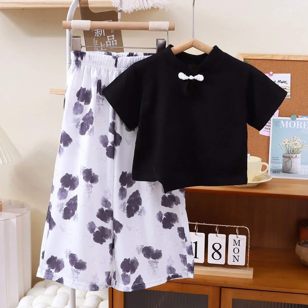 Girls' New Chinese Style T-shirt Suit Summer New Children's Buttoned Top Girl's National Style Short-sleeved Children's Clothing