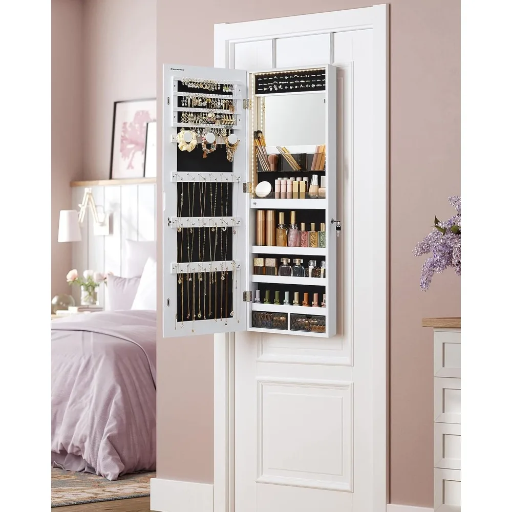 Mirror Jewelry Cabinet Armoire Organizer, Wall or Door Mount Storage Cabinet with Full-Length Frameless Lighted Mirror