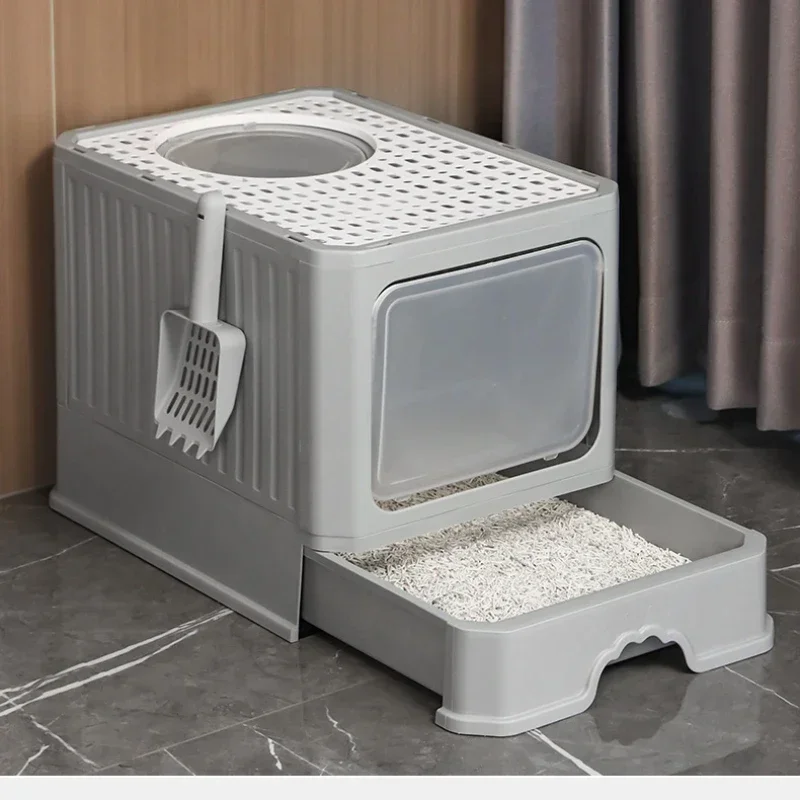 

Cat Litter Box with Scoop, Foldable Litter Box with Lid, Drawer Type Enclosed Kitty Litter Box, Odor Control, Anti-Splashing