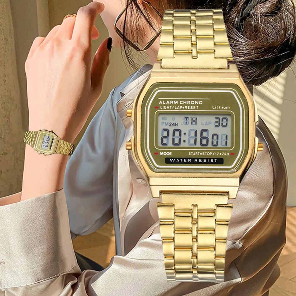 Montre numérique élégante pour femmes or argent acier inoxydable affaires dames montres électroniques homme horloge Zegarek Damski
