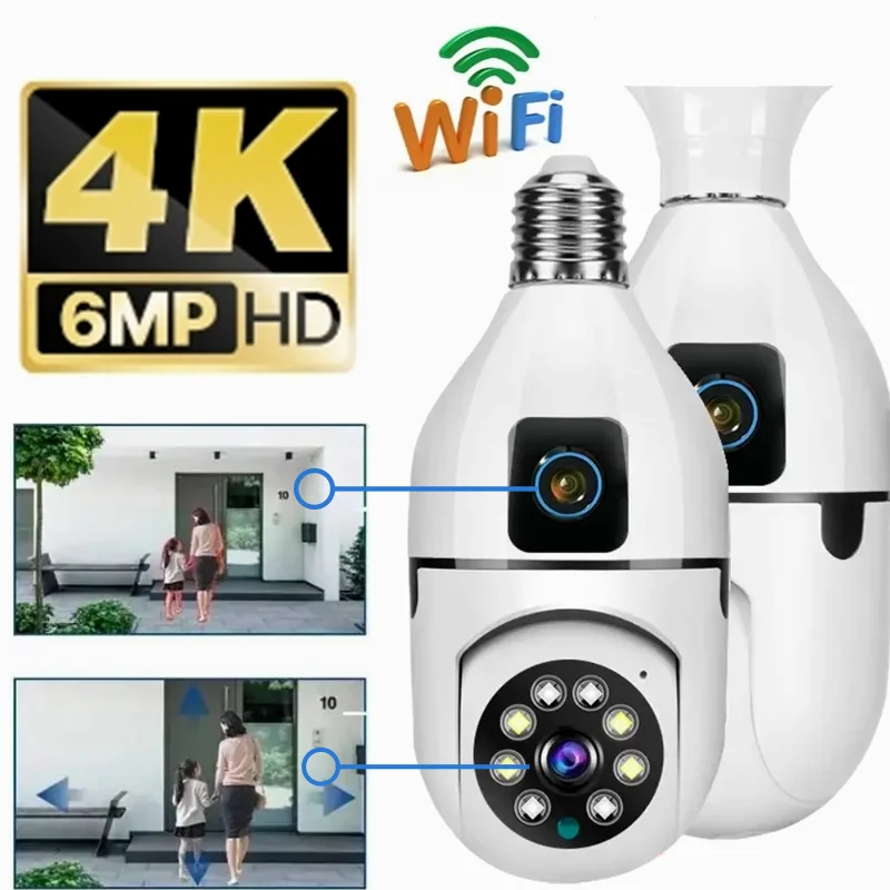 wifi 6mp 4k e27 lampada camera panoramica lente dupla vigilancia interna ai rastreamento humano sem fio 8x zoom ptz camera monitor de casa 01