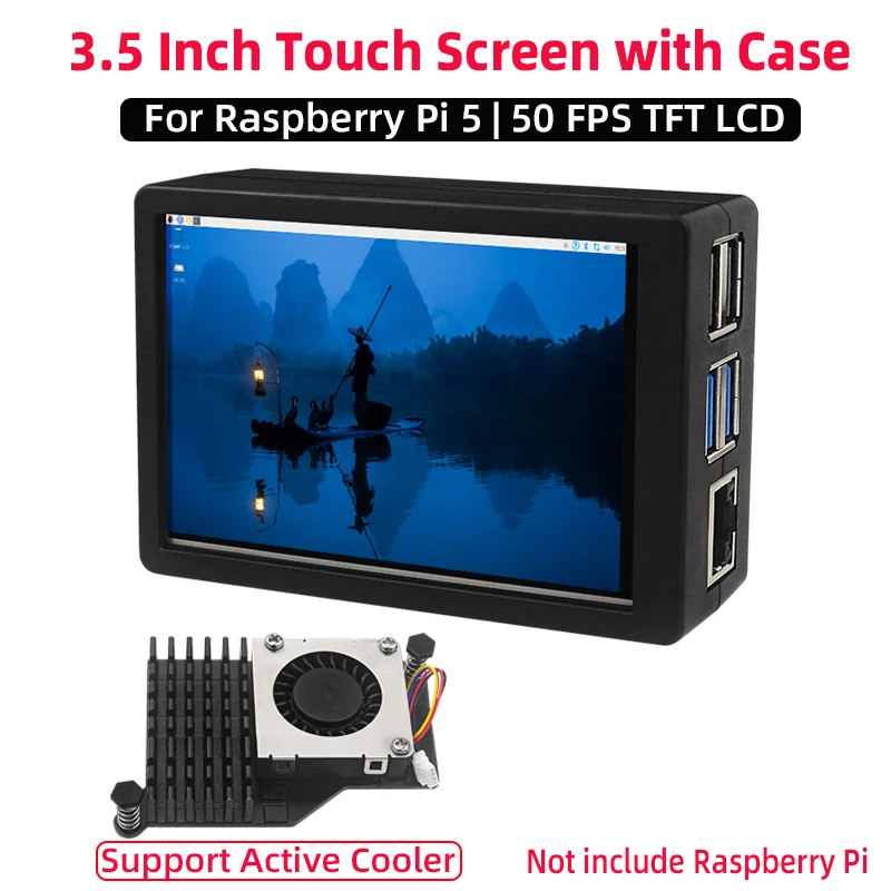 3.5 Inch Touch Screen 50Hz FPS 480*320 LCD Display + Case + PWN Fan Active Cooler for Raspberry Pi 5 Pi5