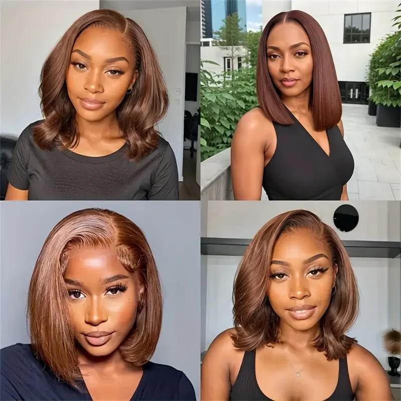200 densityBrazilian Human Hair  Chocolate Brown Short Bob Bone Straight 13x4 HD Transparent Lace Front Human Hair Wig For Women image 5