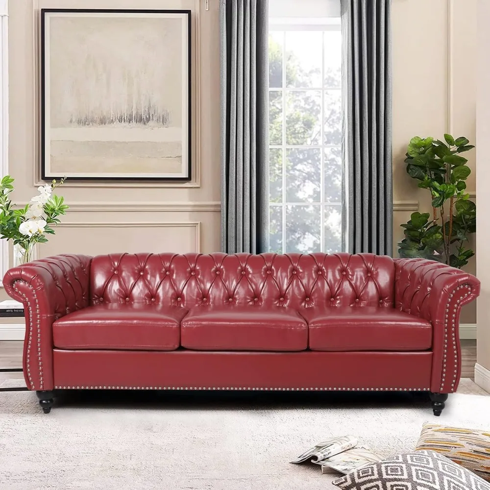 

Chesterfield Leather Sofa 3 Seater Couch, Mid-Century Large Sofa Roll Arm Classic Tufted Settee Modern PU Sofa with Channel