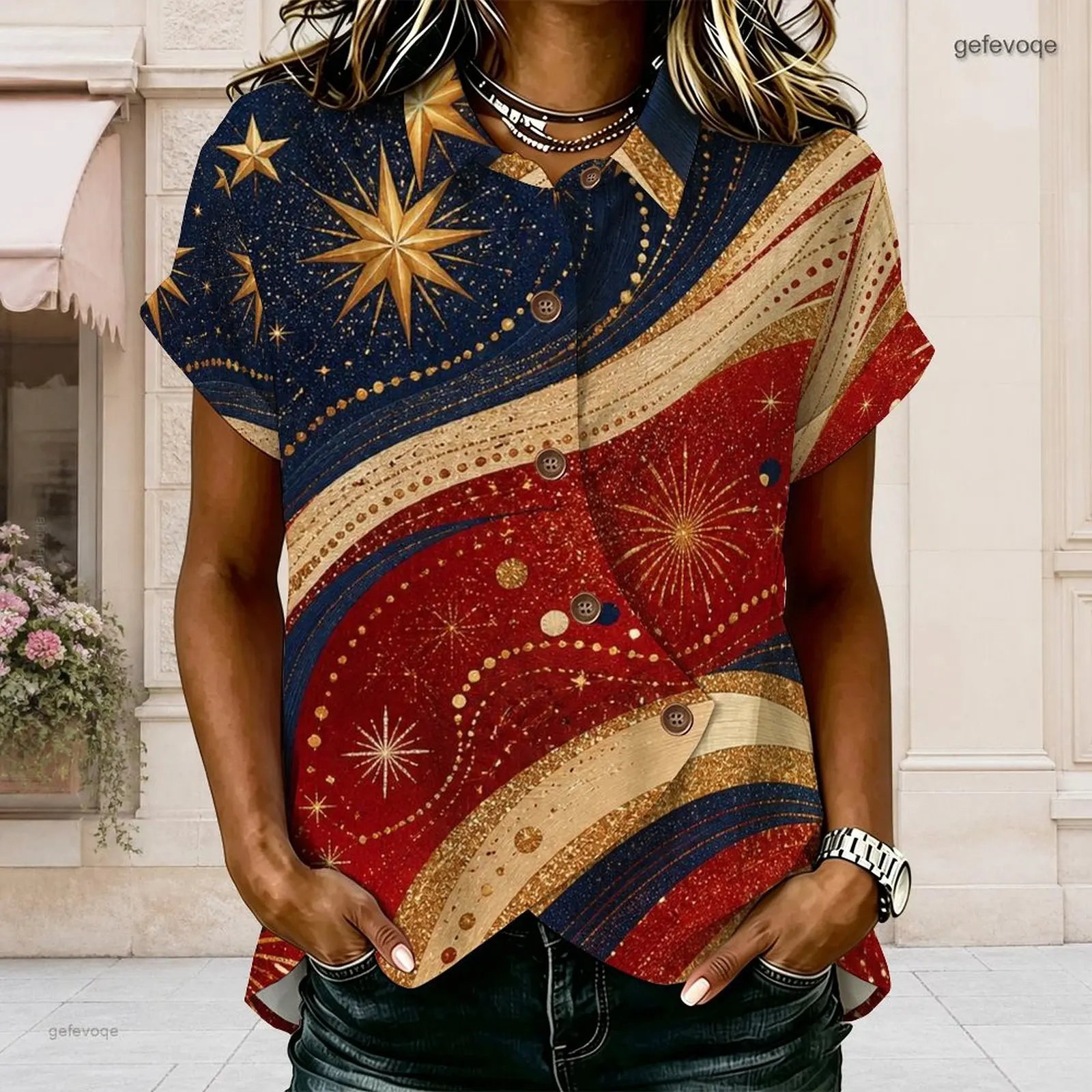 Women Red White Blue Star Polka Dot Brush Stroke Printed Collared Short Sleeve Button Shirt