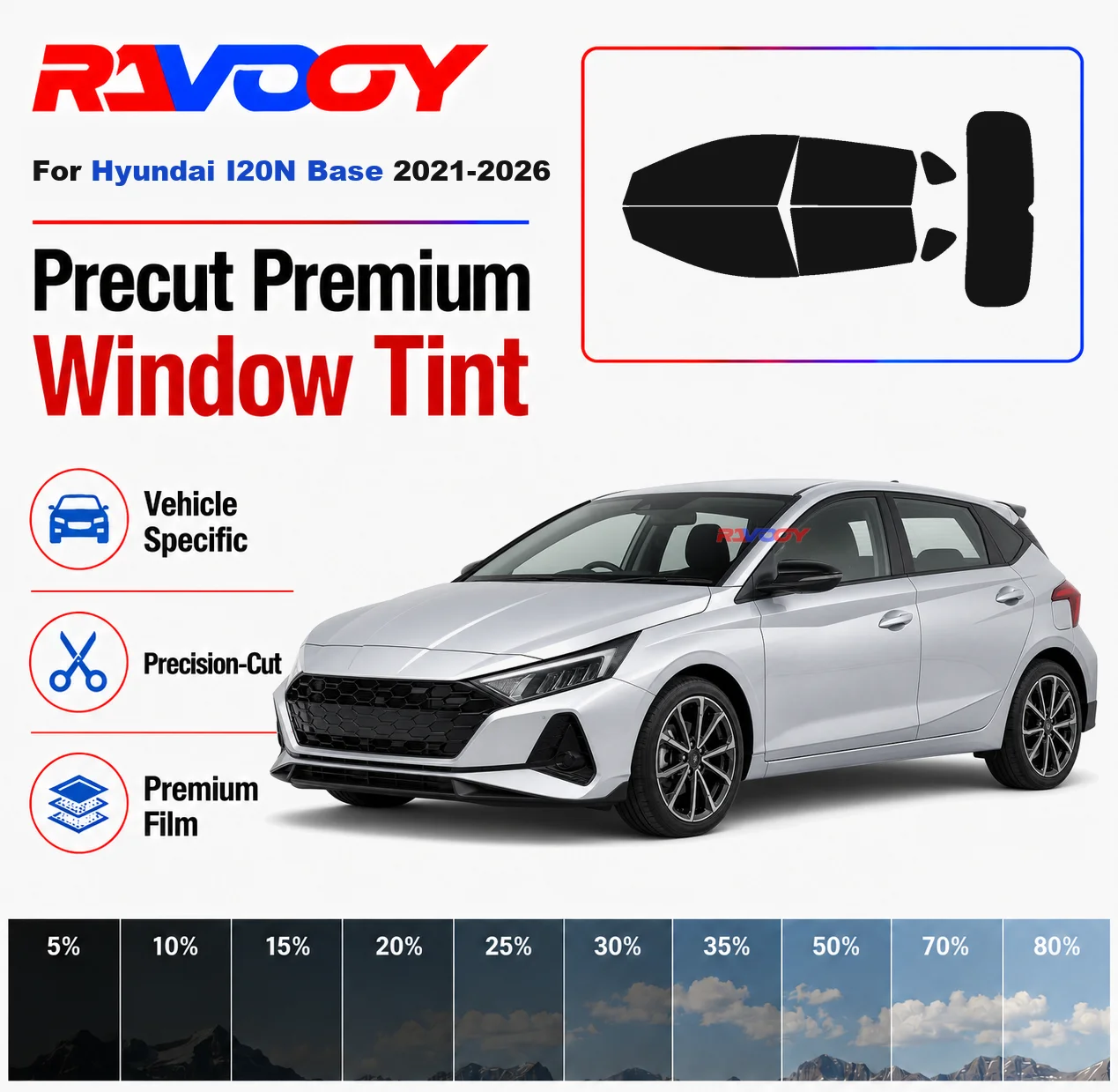 Premium Precut Window Tint Kit Front Rear Windows Rear Windshield For Hyundai I20N Base 2021-2026 Complete Set Nano Ceramic Film