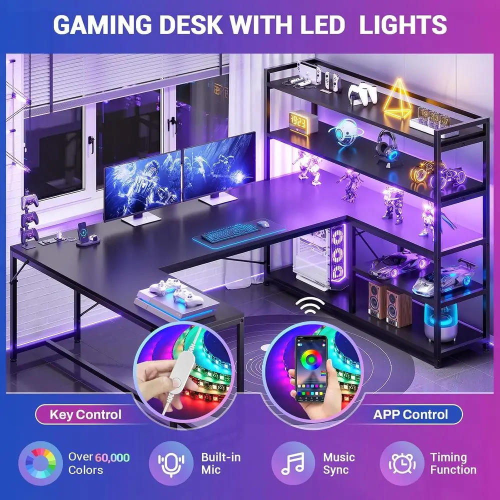 L Shaped Gaming Desk, 63'' Reversible Computer Desk with Power Outlet and Storage Shelves, Corner Gaming Desk with LED Lights, B