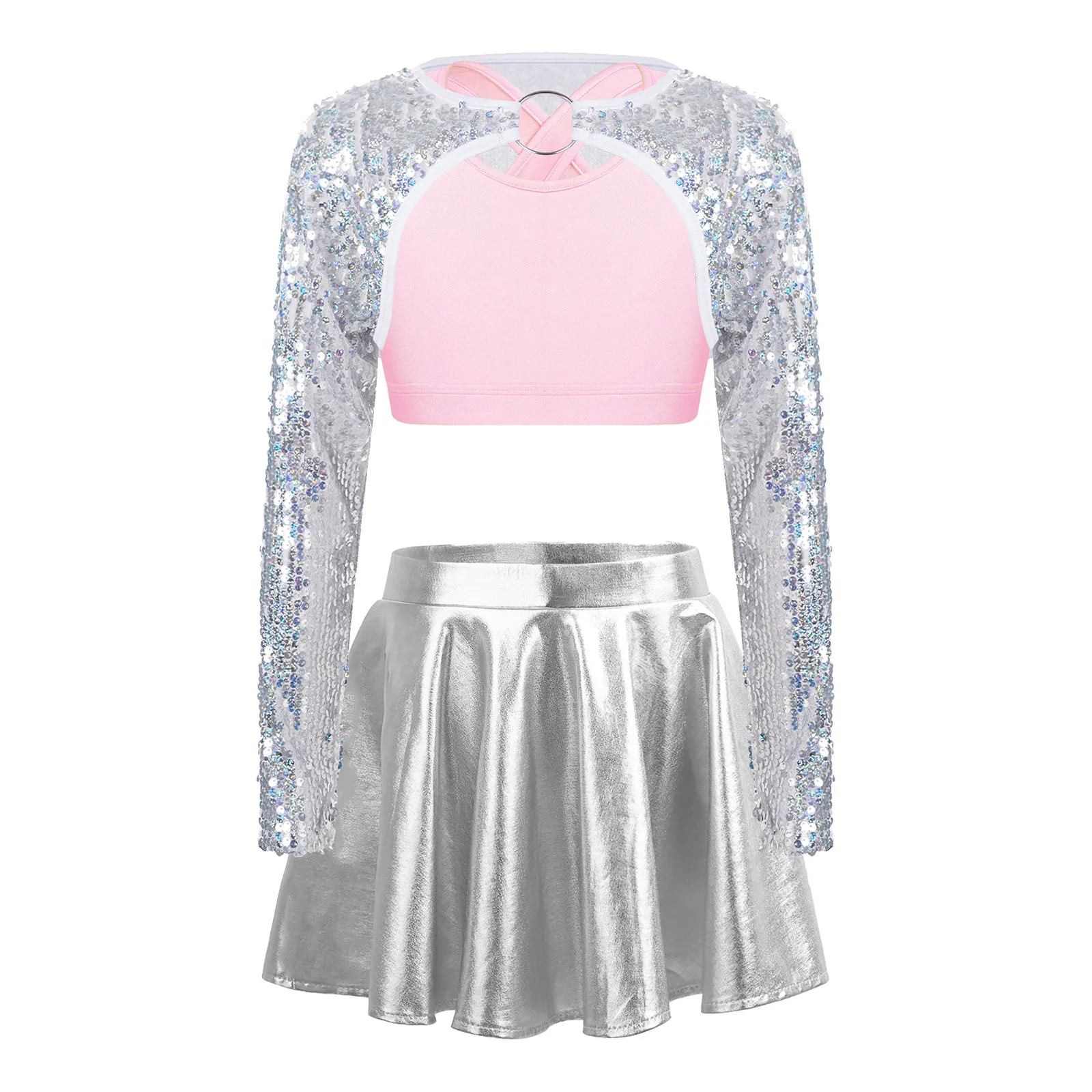 Kids Girls Sequined Clothes Sets Bolero Shrug Crop Top Metallic Skirt for Jazz Dance Outfit Children Stage Performance Costumes