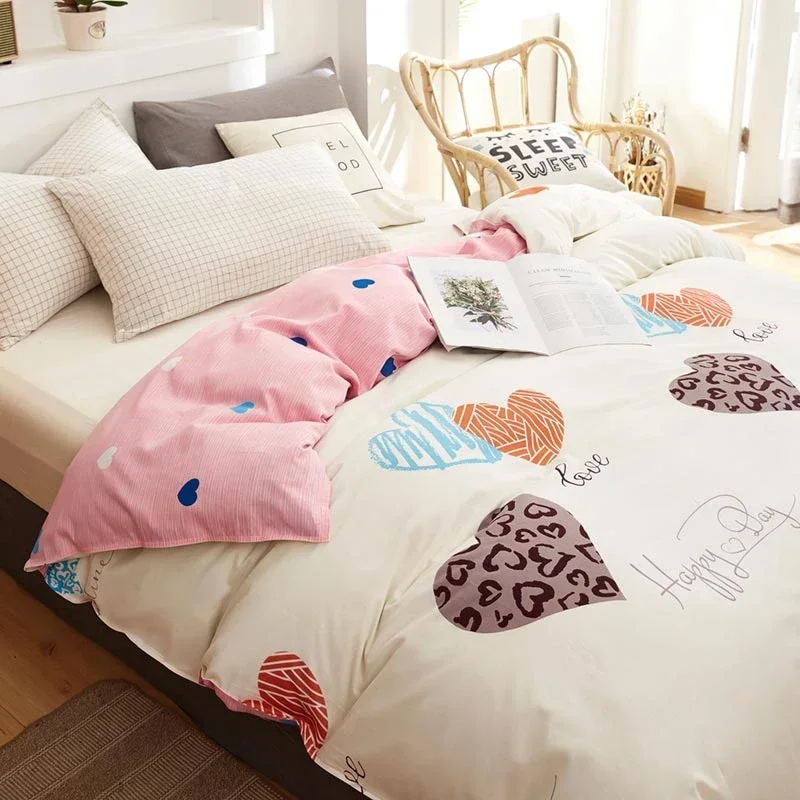 Love Heart Print Cotton Duvet Cover Queen Size Leopard Pattern Reversible Comforter Covers Bedding for Teen Women Girly Decor