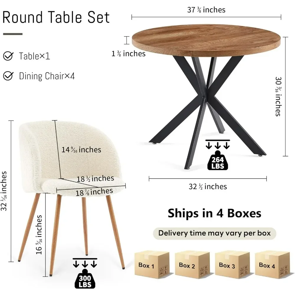 Conjunto de mesa de jantar redonda de 5 peças, tampo de mesa de MDF de 37 polegadas, conjunto de cadeiras de jantar branco de pele sintética com perna de metal de grão de madeira
