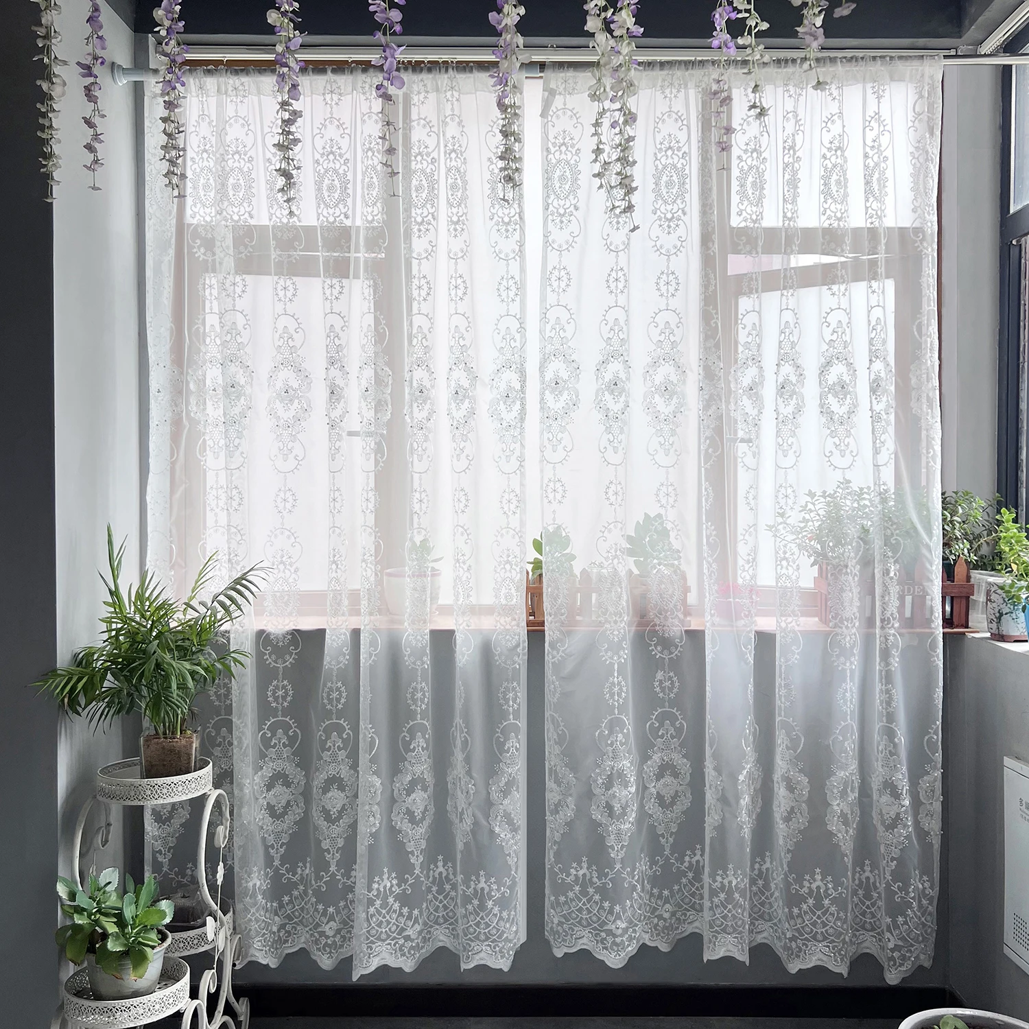 

1PC White Floral Pearls Embroidery Sheer Curtain for Living Room Ready Made Voile Window Drape Balcony Custom #E