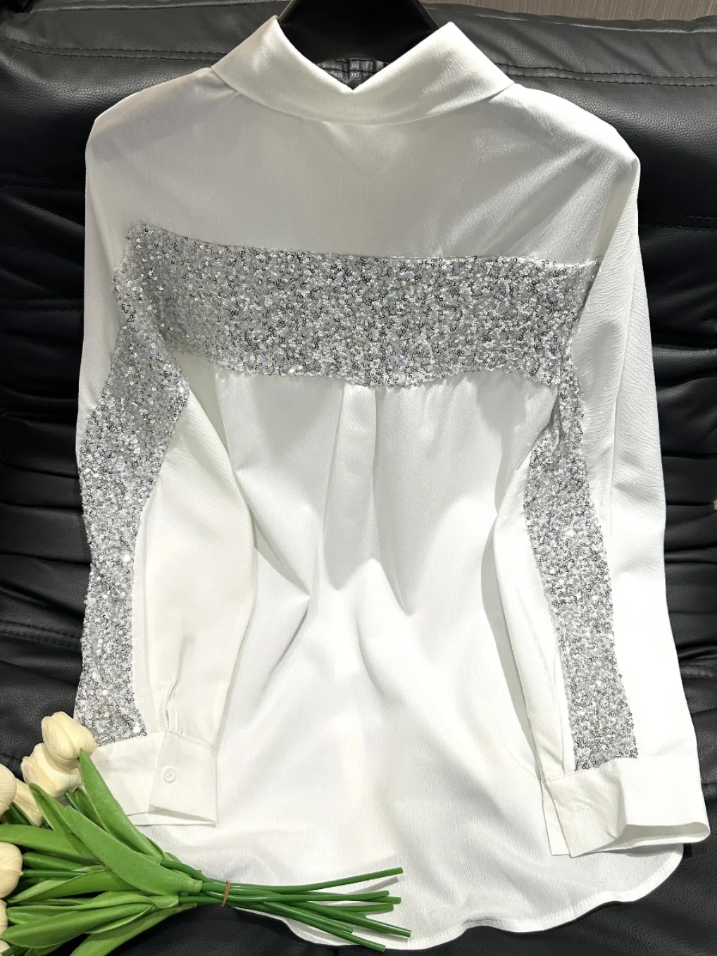 Heavy Industry Sequined Splicing White Shirt Female 2024 New Casual Long-sleeved Shirt Spring and Autumn Lapel Womens Tops