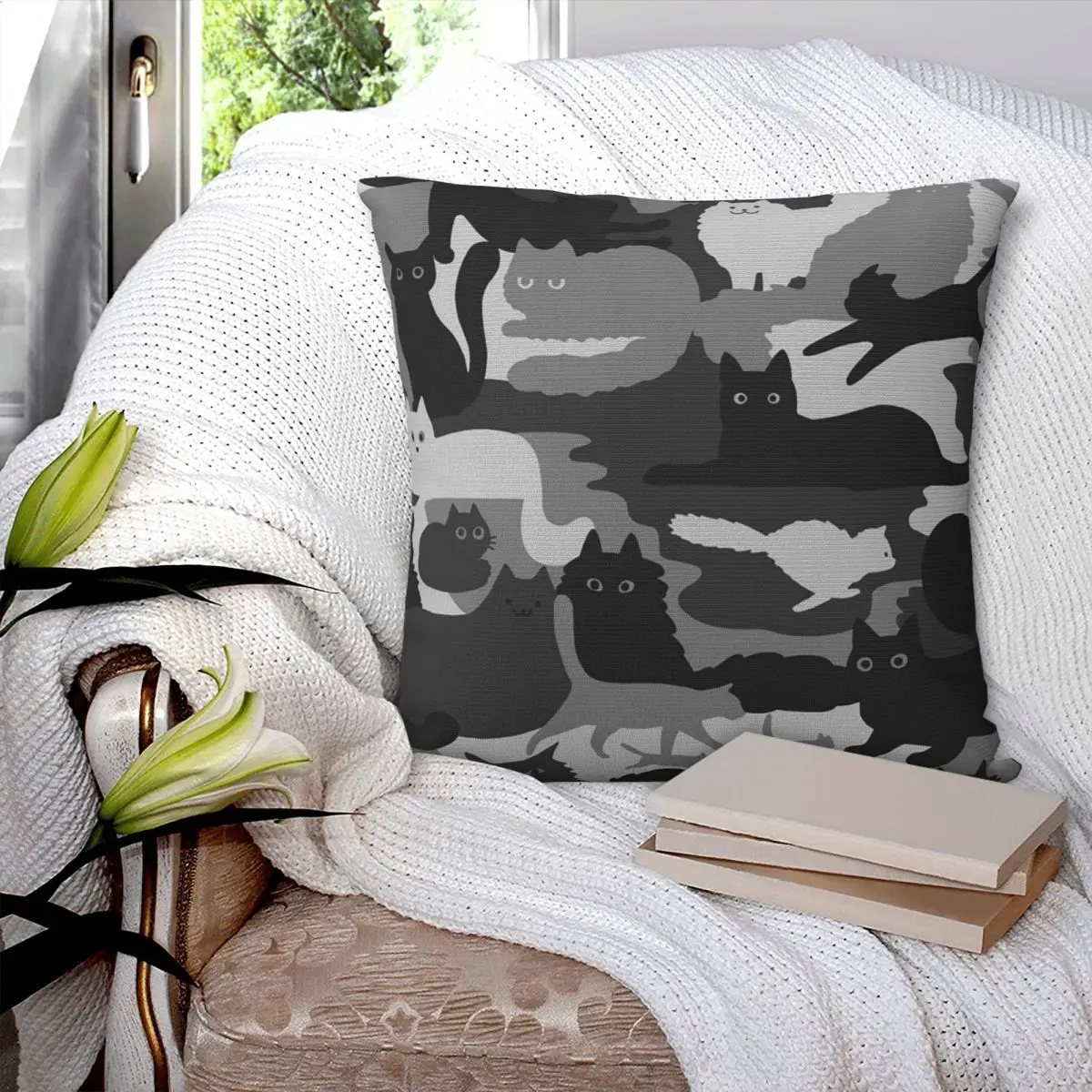 

Camouflage Pattern With Cats Grey And Black Cats Camo Square Pillowcase Cushion Cover Pillow Case Throw Pillow Cover for Home