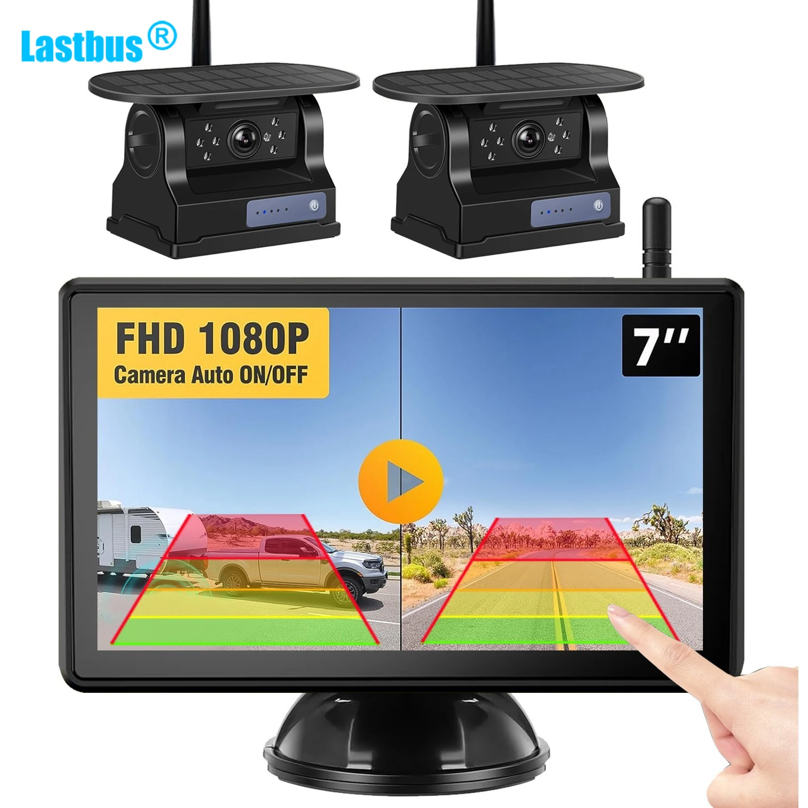 

Lastbus Wireless Solar Backup Cam With Magnetic Base Rechargeable Battery With 5/7 Inch IPS Touch Screen DVR Quad Monitor BSD