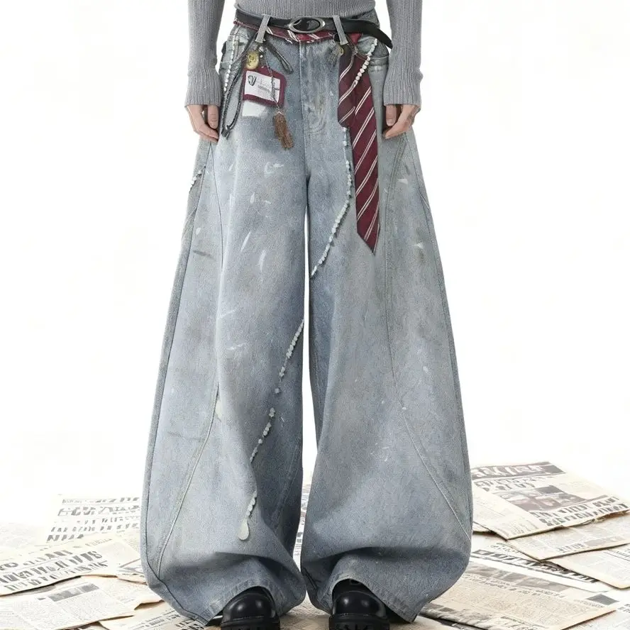 CHIC Street Woman Jeans Tie Studios Washed Denim Jeans Women Cargo Pants High Waist Casual Wide Leg Trousers for Men Female