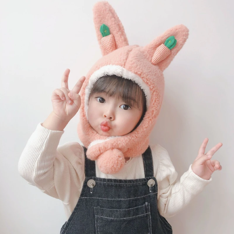 Children's Hat Imitation Rabbit Velvet Bear Solid Color Cute Baby Scarf Fleece Warm All-match Boys Girls Plush Hat Scarf Girls