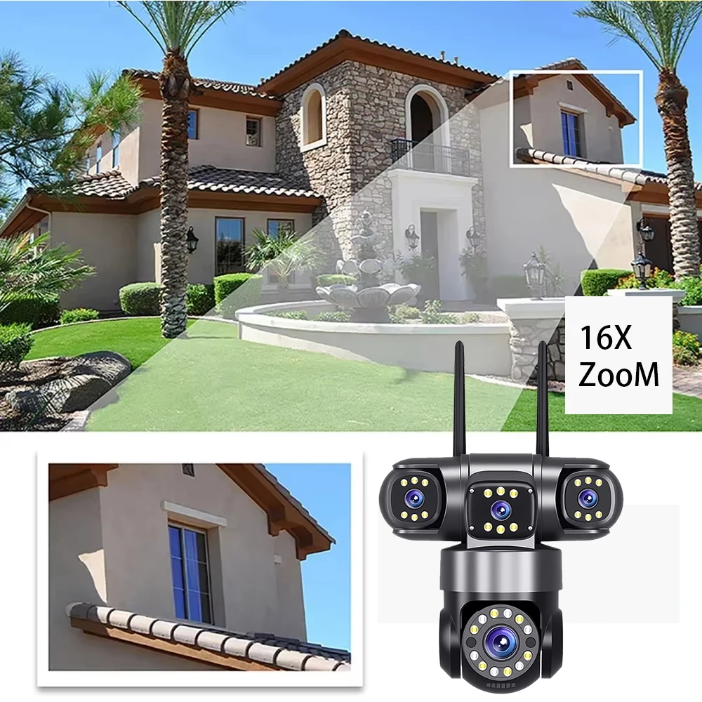 20MP HD Home Security Outdoor WiFi Camera 4 Lens 4 Screen 360° 16X Zoom CCTV Wireless Surveillance PTZ Cam Security Protection