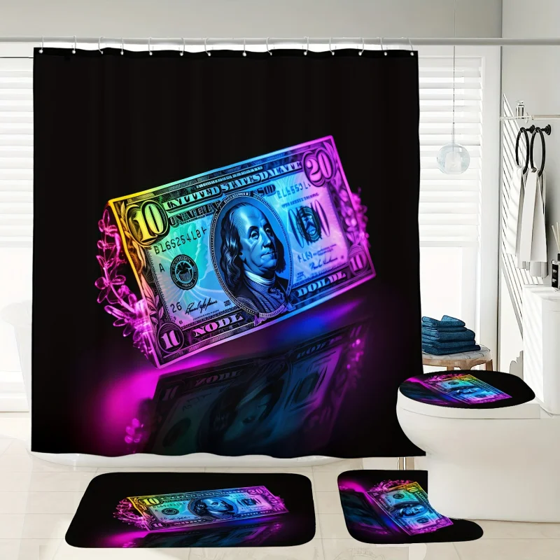 72x72 inches Forest Theme Glowing US Dollars Pattern Digital Printed Shower Curtain Set with Toilet Seat & Bath Mat, Waterproof,