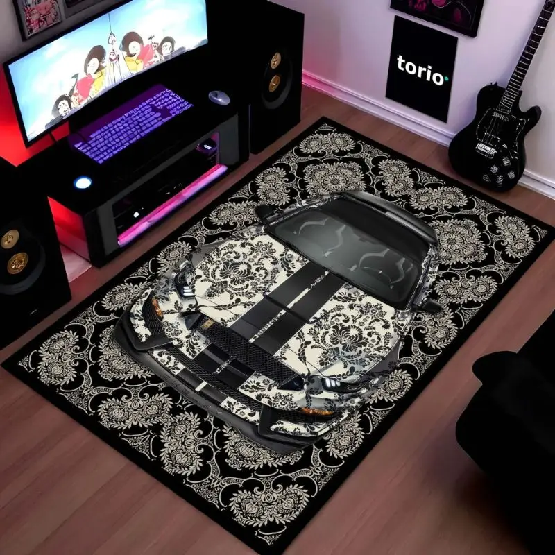 VIKAMA Retro Floral Border Sports Car Printed Carpet, Anti Slip, Washable, Dirt Resistant, Living Room Carpet, Home Decoration