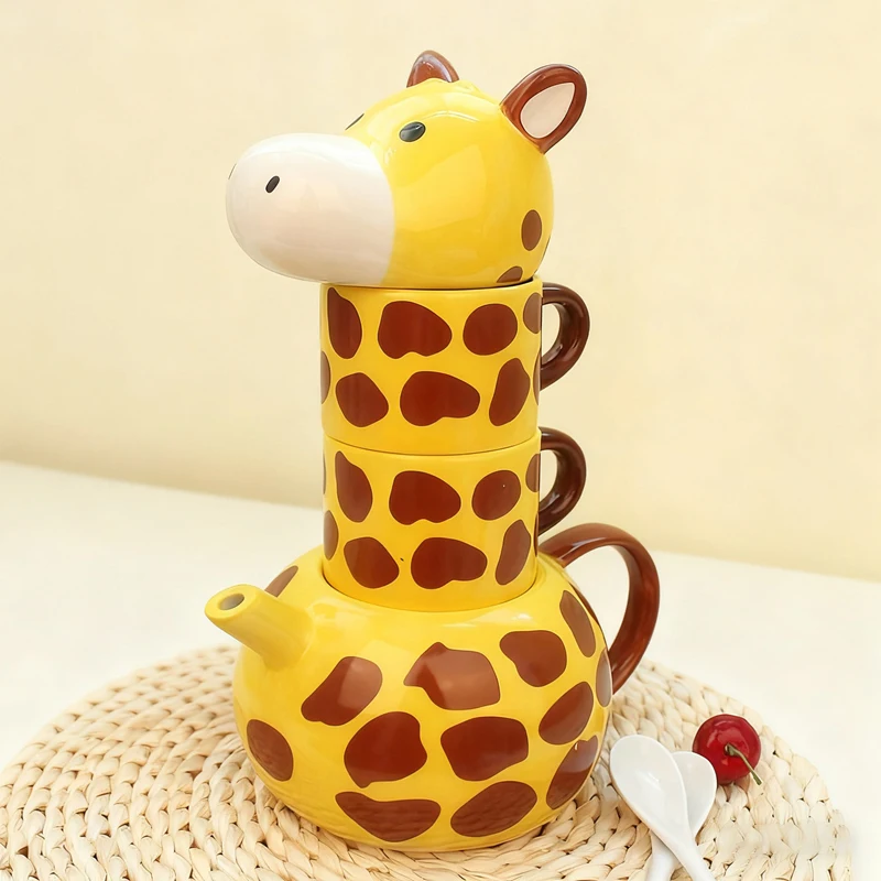Cute Hand-Painted Giraffe Ceramic Teapot Set with 2 Mugs & 2 Spoons, Animal Tea Kettle Coffee Cups Microwave Safe