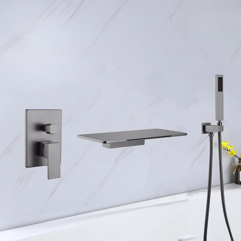 All copper concealed wall waterfall bathtub faucet gun gray bathroom wall out of the cylinder hot and cold shower shower set