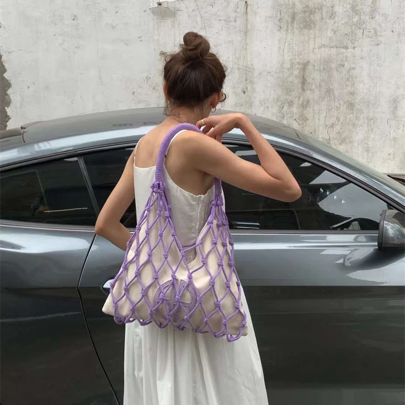 Boêmio oco para fora sacos de praia mulheres bolsas de designer de luxo e bolsas 2024 novo em lona corda de náilon trançado fino axilas pano bolsa de ombro alta qualidade Frete grátis Envio rápido chega