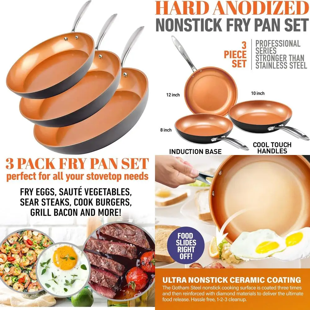 

Tri-Set Ceramic Nonstick Frying Pans: 8, 10, 12 - Hard Anodized, Induction-Ready, Oven & Dishwasher Safe, Copper-Colored
