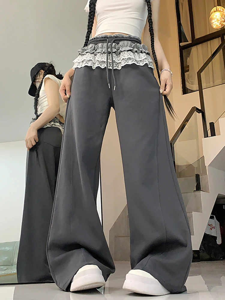 

Women Lace Patchwork Pants Korean Summer High Waist Straight Slim Casual Female Trousers Drawstring Pleated Full Length Pants