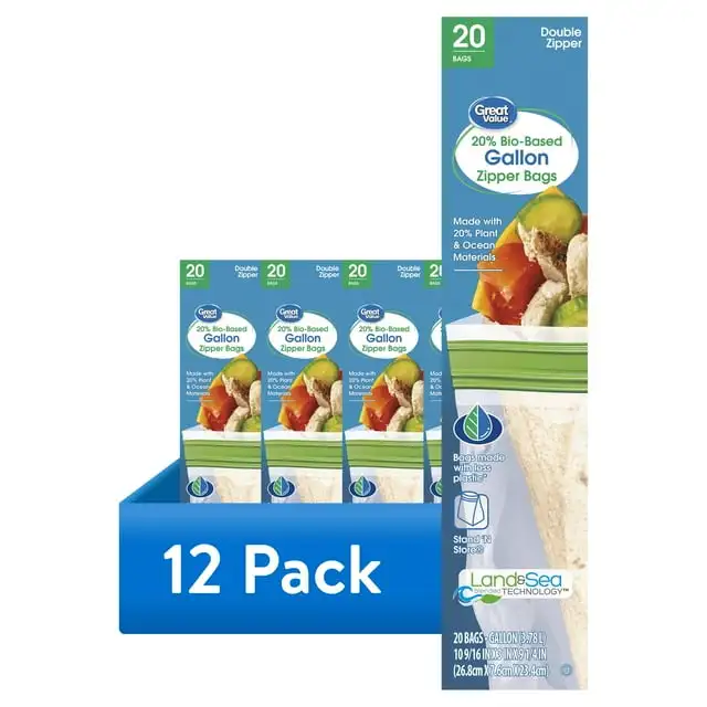 

(12 pack) Great Value Reclosable Gallon Bags, Made with Bio-Based Materials, 20 Count