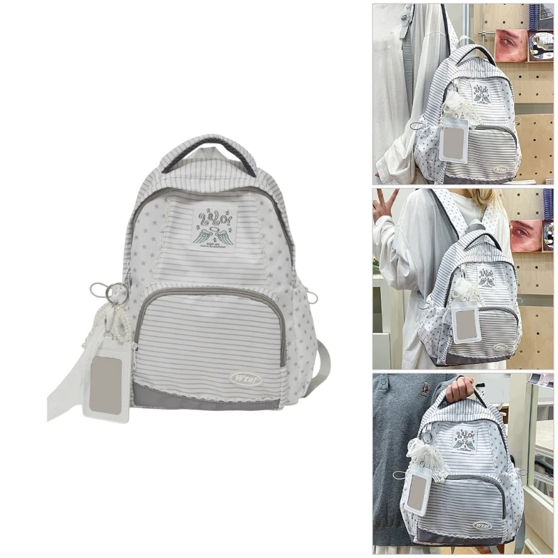 Women Casual Striped Star Print Backpack with Pendant Student Gilrs Large Capacity School Bookbag Travel Daypack for Daily Wear