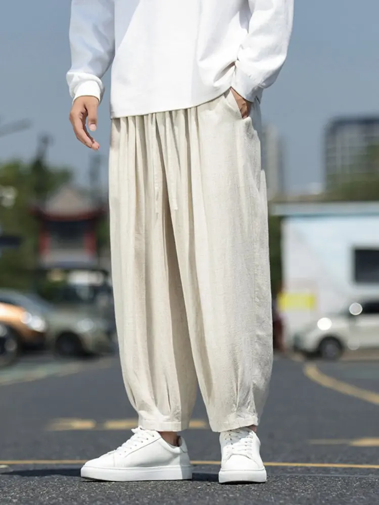 

Мужские повседневные свободные брюки прямого кроя из хлопка и льна, весенне-осенние, широкие, длинные, струящиеся, удобные, модные